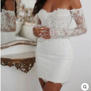 Velluto Rosso White Off-Shoulder Lace Long Sleeve Mini Dress